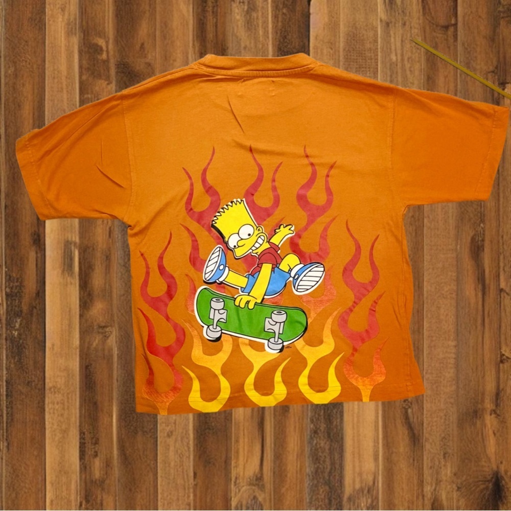 🔥 2003 The Simpsons Bart Skateboard Tee – Orange Flames Graphic – Size S